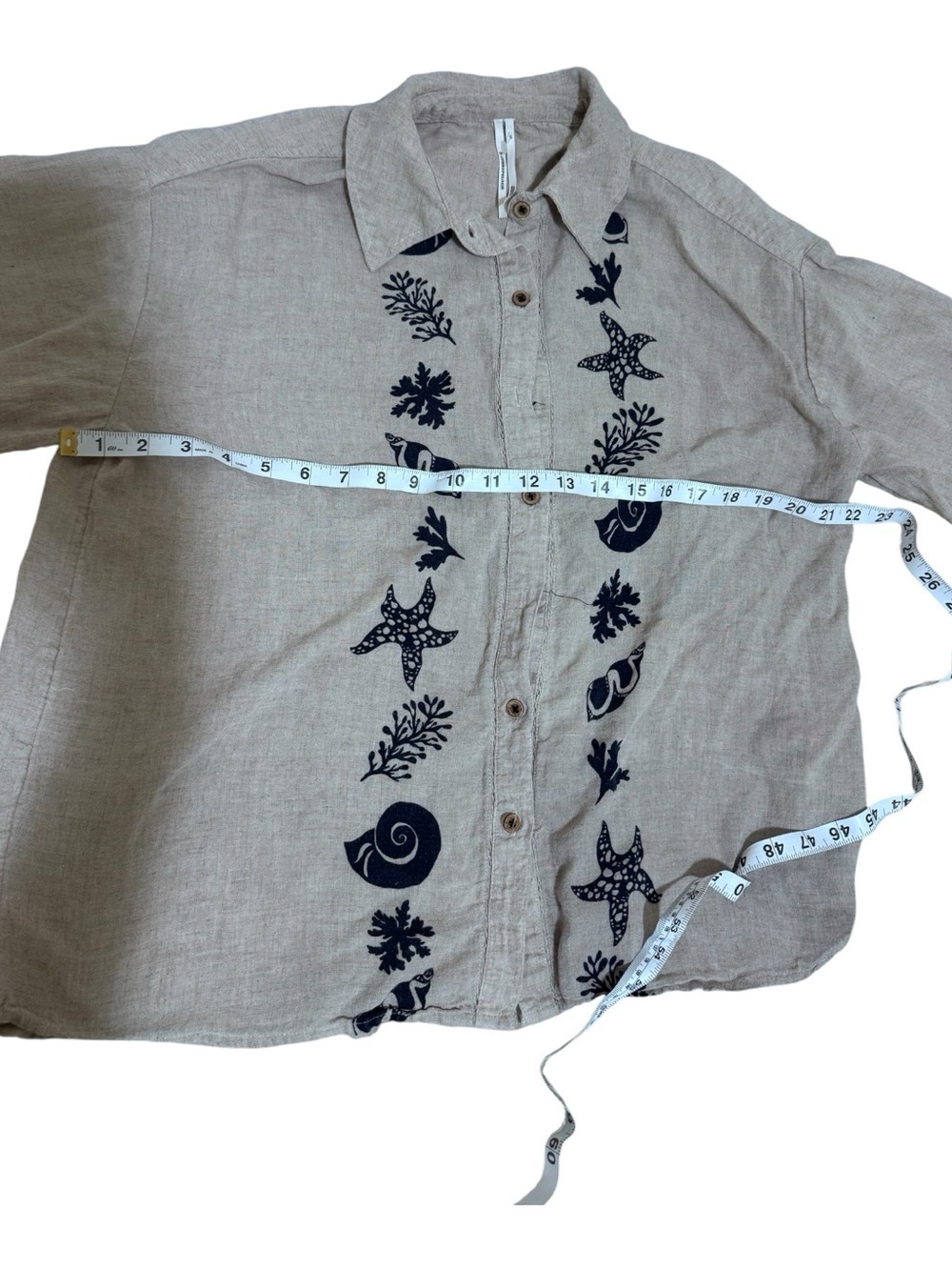 Anthropologie Beige Button-Up Shirt with Navy Sea Life Embroidery - Picture 4 of 7